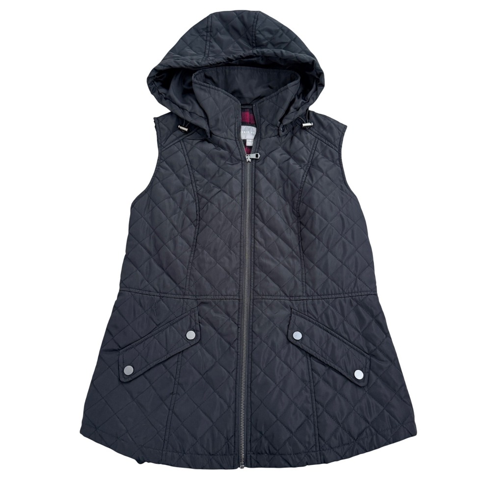 Valerie Stevens Quilted Vest Women Medium Black Detachable Hood Plaid Lining